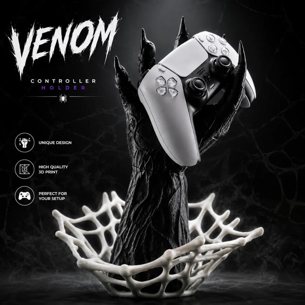 Suporte Controle Venom Mão com Teia 3D Porta Controle PS5 PS4 Xbox Decoração Setup Gamer Spider-Man