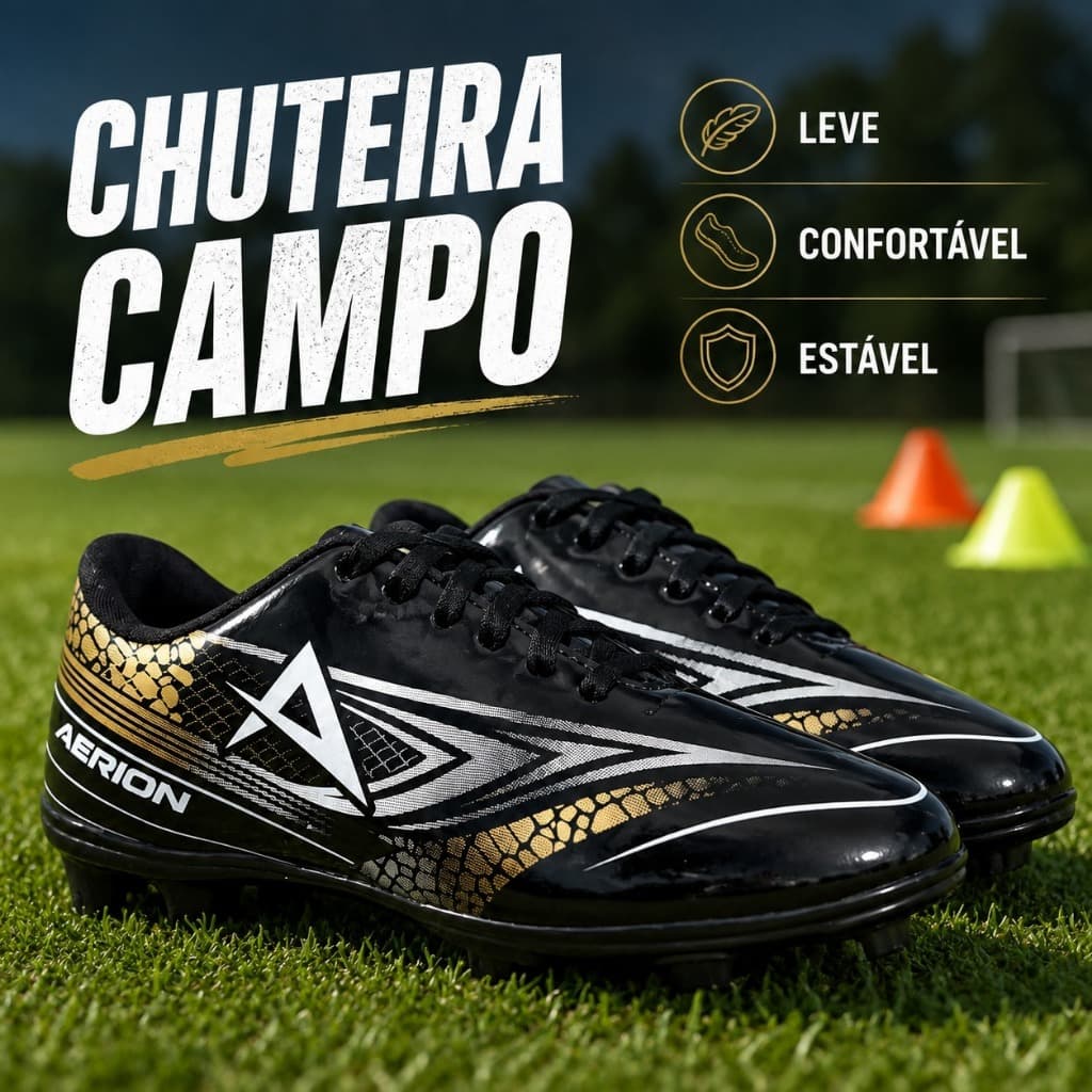 Chuteira Campo Masculina Aerion Futebol Adulto Preta Dourada com Travas