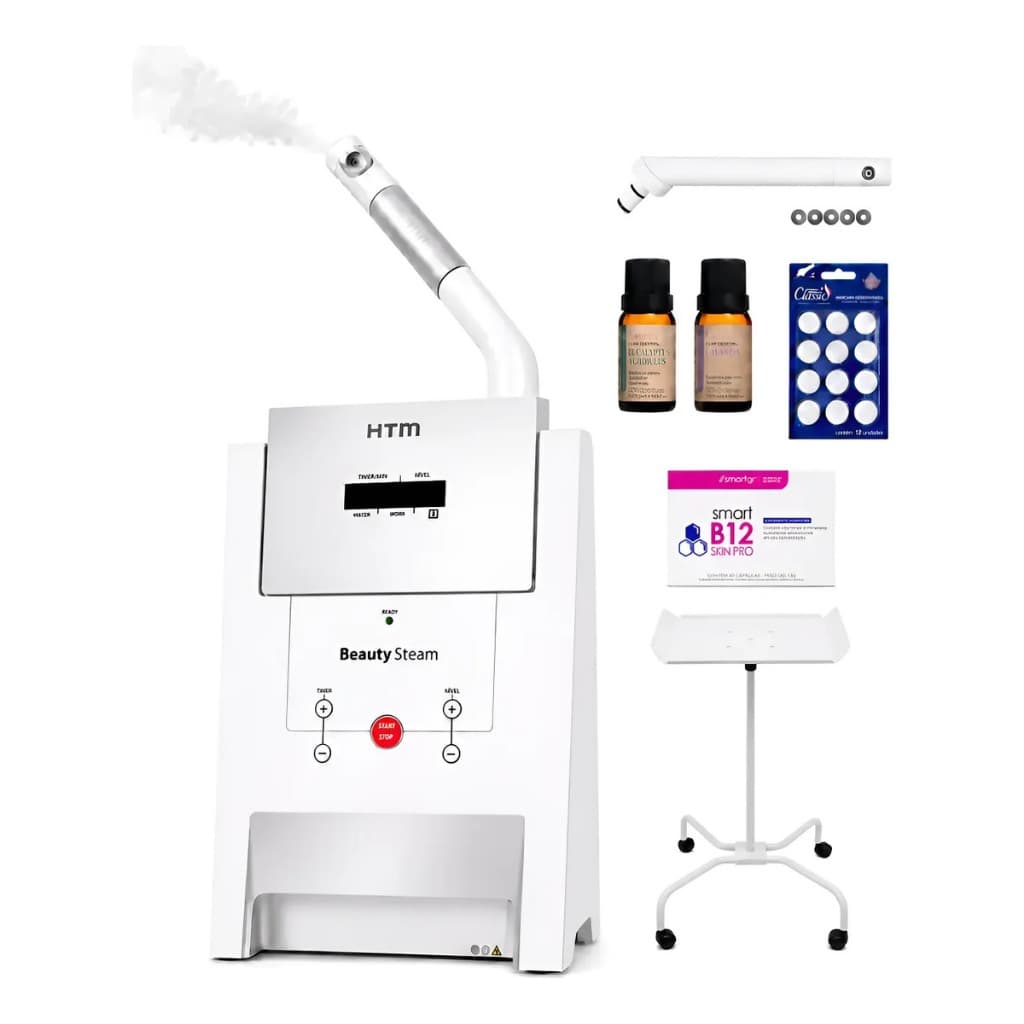 Kit Beauty Steam + Mesa Carrinho Auxiliar + Aroma e Máscara + B12 - Aparelho De Vapor De Ozônio E Aromaterapia - HTM
