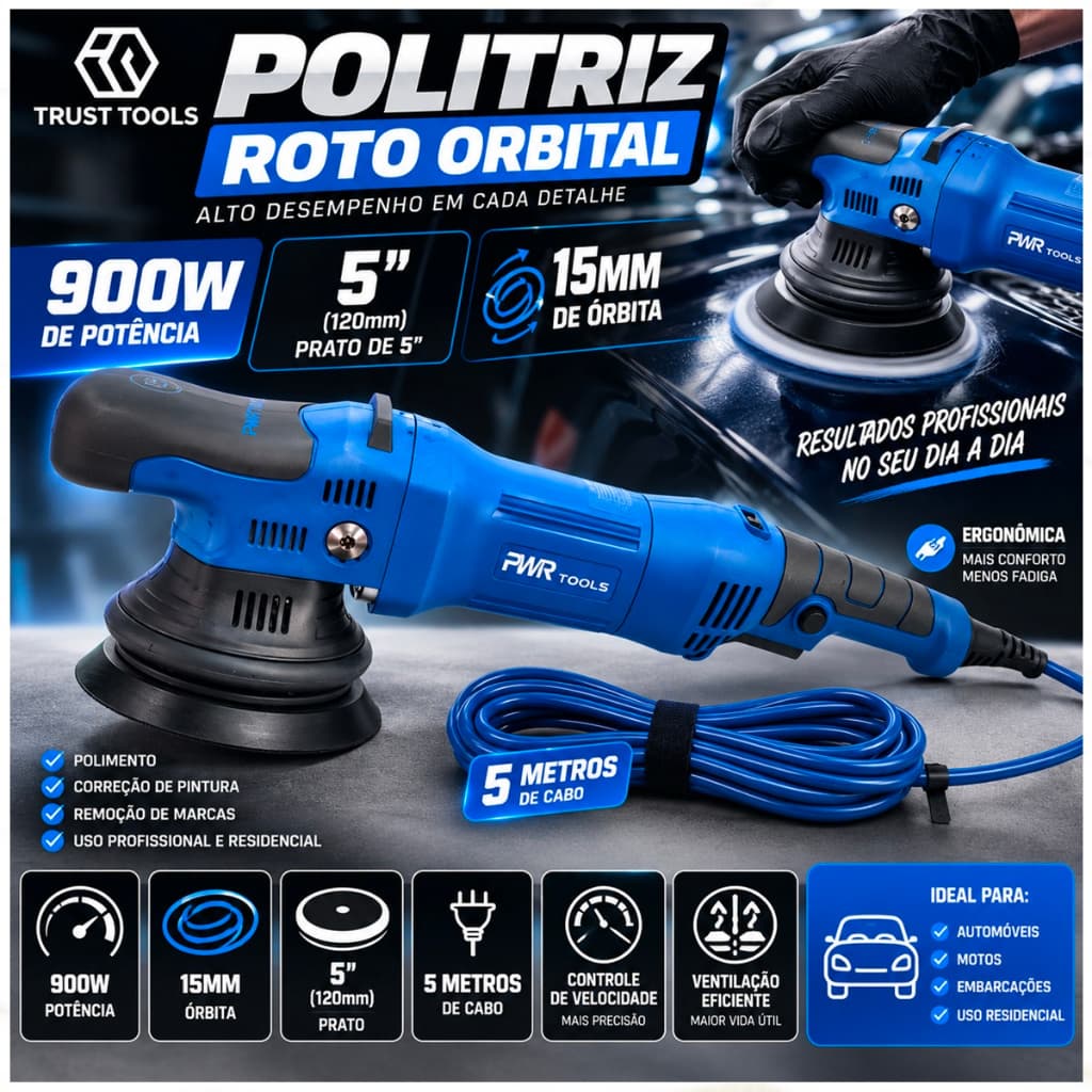 Politriz Roto Orbital Automotiva 5" 900W 60Hz Órbita 15mm Cabo 5 Metros