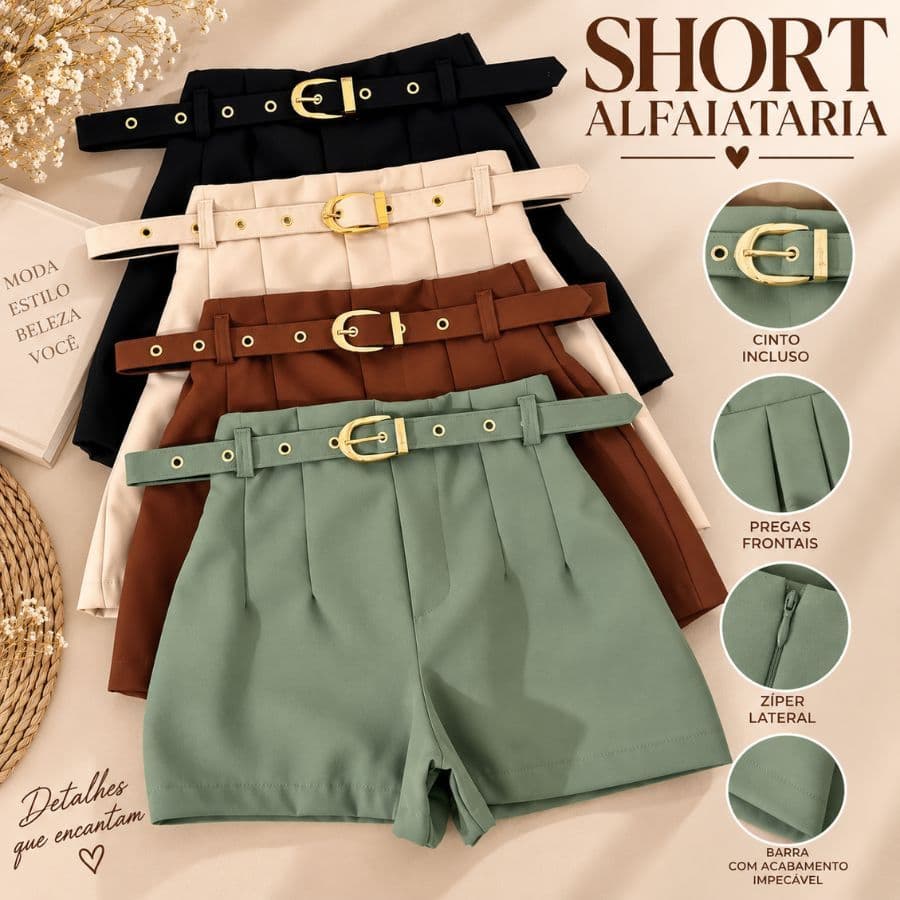 Short Alfaiataria Feminino com Cintura Alta e Cinto Incluso
