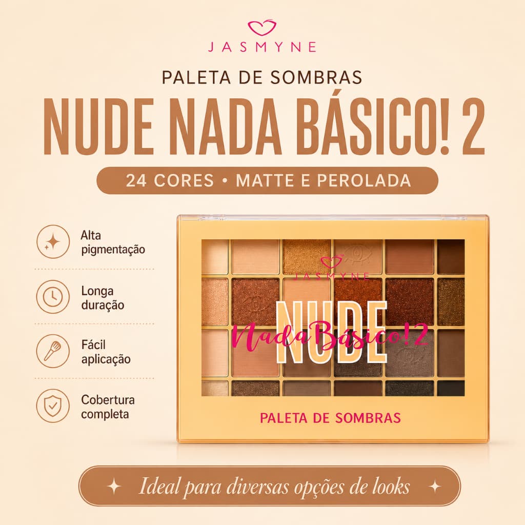 Paleta Sombras 24 Cores Nude Nada Básico Jasmyne Efeito Esfumado Côncavo Iluminado