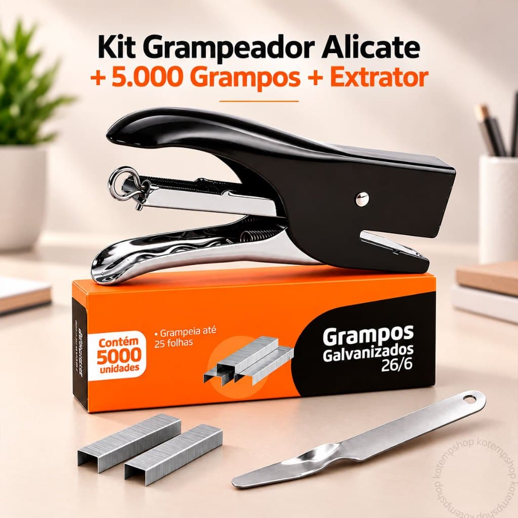 Kit Completo Grampeador De Mão Alicate + 5.000 Grampos 26/6 + Extrator Capacidade 25 Folhas Papel Escolar Escritório