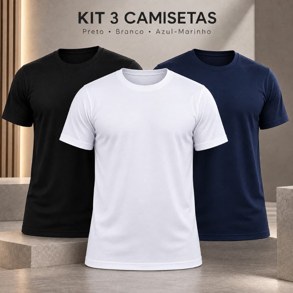 Kit 3 Camisetas Masculinas Básicas Lisas Manga Curta Poliéster Tradicional Casual