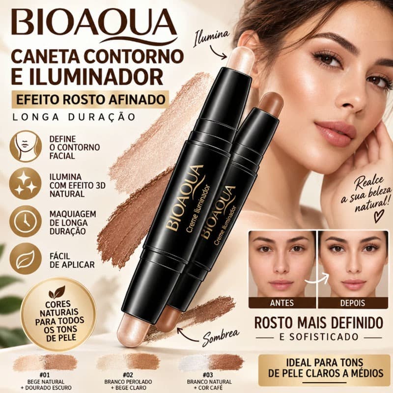 Caneta Contorno e Iluminador Bioaqua - Efeito Rosto Afinado Longa Duração-COR 1