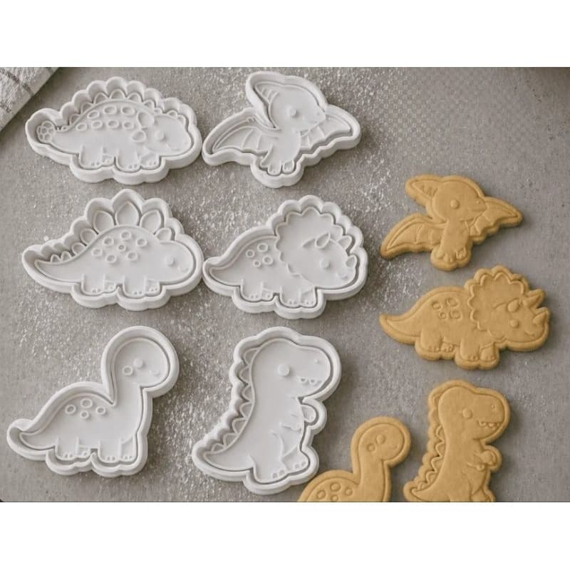 🦖 Kit 6 Cortadores de Biscoito Dinossauro com Carimbo 7,5cm T-Rex Tricerátops