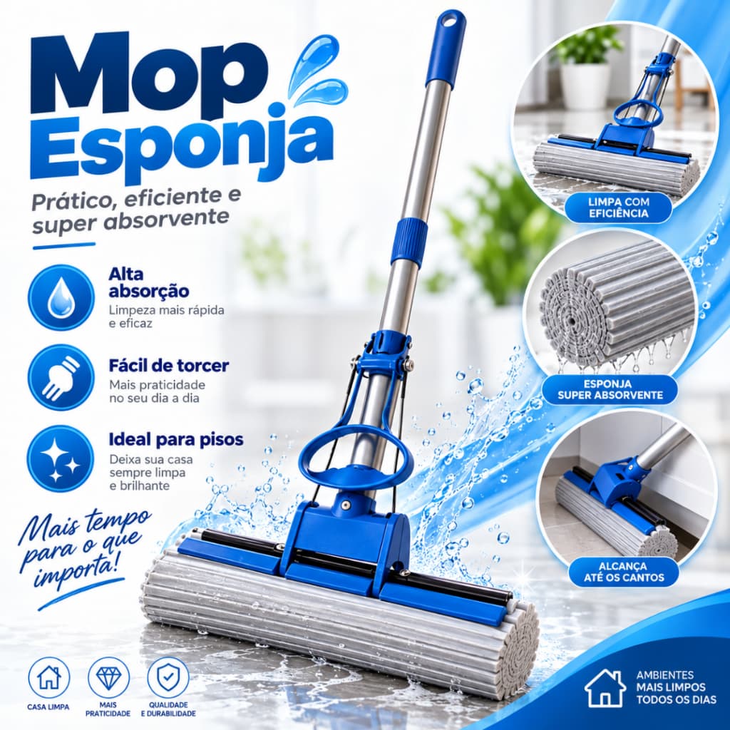 Mop Limpeza Geral Rodo Fácil Enxuga Varre Esfregão Rodo Vassoura Refil Espuma Mob