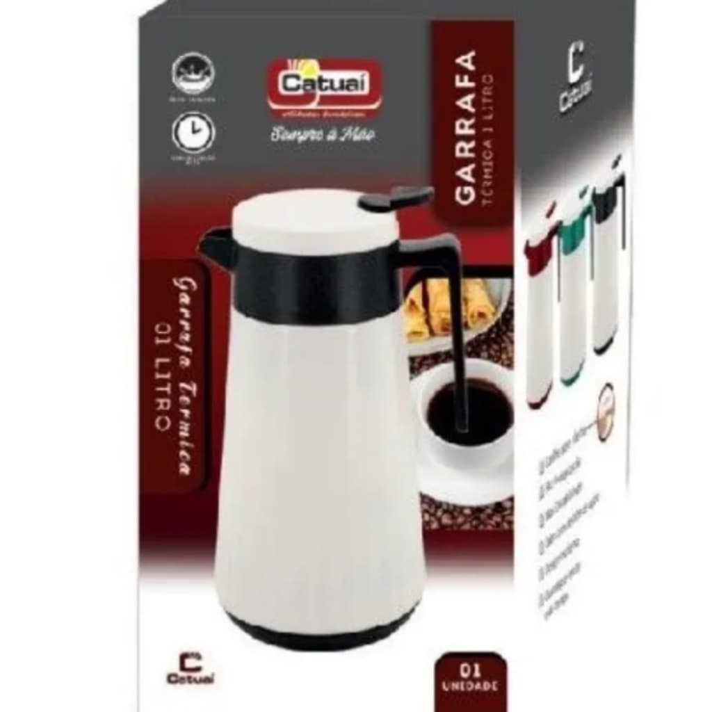 garrafa térmica Catuai 1litro- conserva quente e frio- designer elegante canelado branco com detalhes preto-bule de café