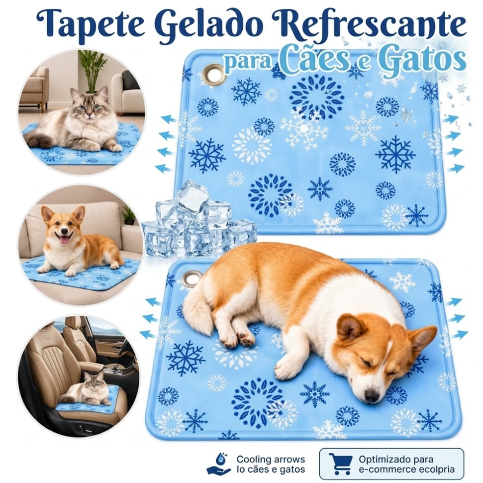 Tapete Gelado Refrescante para Pets Cães e Gatos Conforto Dias Quentes 50x60cm com Suporte para Água