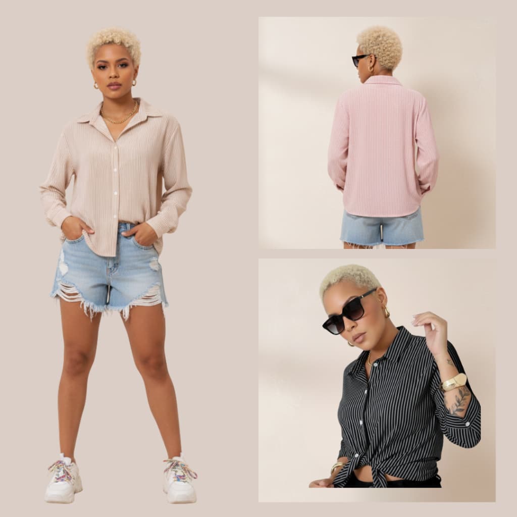 Camisa Social Listrada Feminina Casual Manga Longa Elegante Versatil Moda Oversized Tecido Fresquinho
