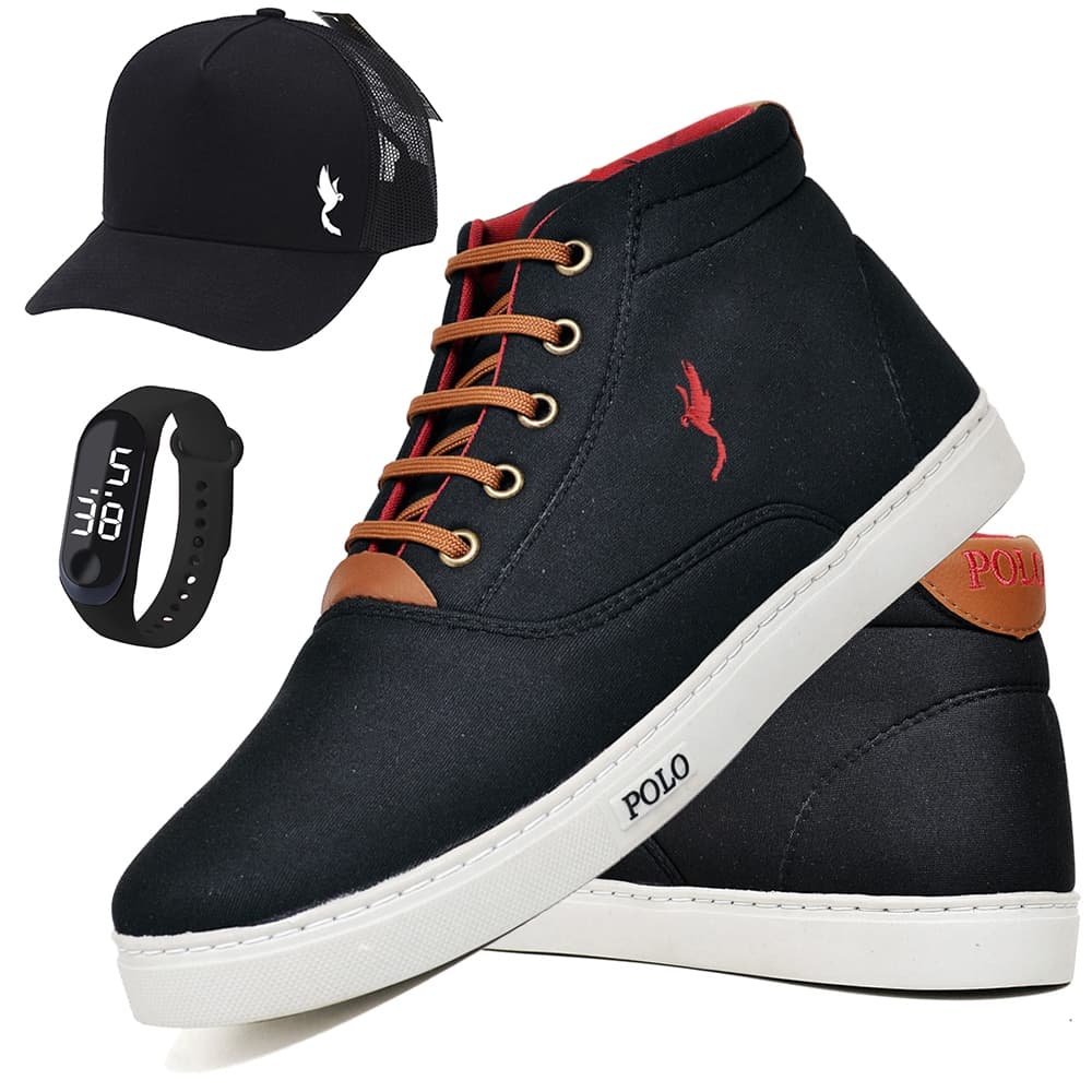 Sapatênis Masculino Casual Cano Alto em Lona Estiloso + Boné + Relógio Digital do 37 ao 46