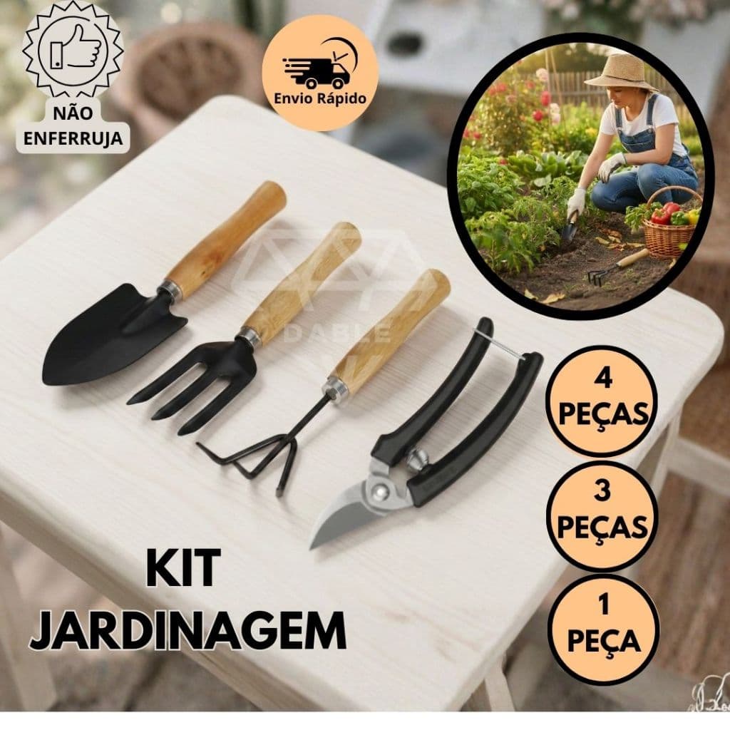Kit Jardinagem Conjunto 4 3 1 Peças Ferramentas Tesoura Pá Garfo Ancinho  De Aço Cabo De Madeira Não Enferruja Jardim