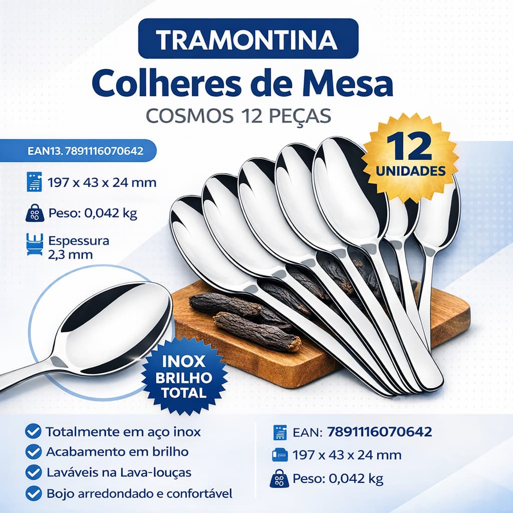 Kit 12 Colheres de Mesa Tramontina Cosmos Aço Inox Original Alto Brilho Resistente Lava Louças