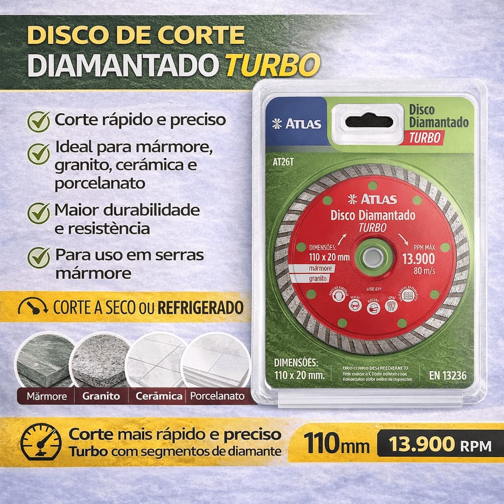 Disco de Corte Diamantado Turbo 110mm Atlas – Corte Rápido em Mármore, Granito e Porcelanato