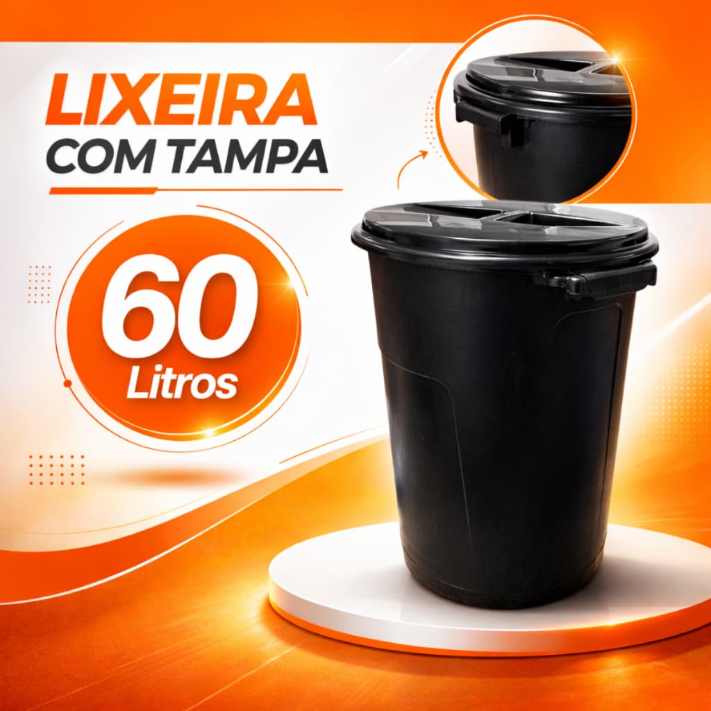 Cesto De Lixo Para Cozinha Lixeira Com Tampa Plástica 60 Litros Preta Polipropileno