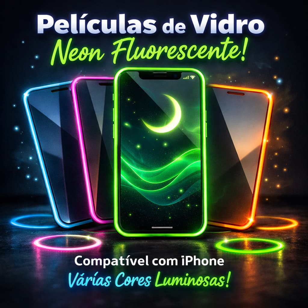 Pelicula para IPhone de Vidro com Borda Neon Fluoresscente Varias Cores