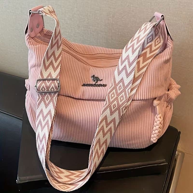 Bolsa Feminina de Veludo Cotelê com Alça Larga Estampada, Tiracolo Casual, Leve e Espaçosa