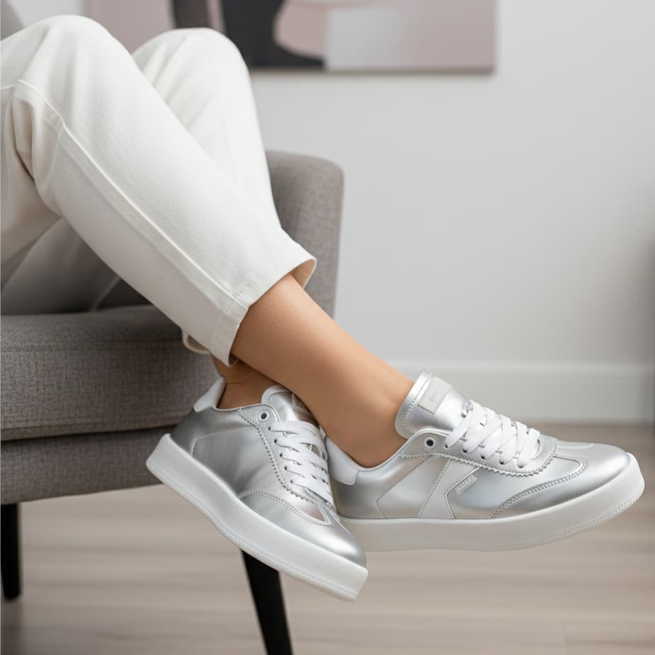 Tênis Feminino Prata Baixinho Casual Metalizado Branco Confortável Moderno Moda Básico Leve Macio