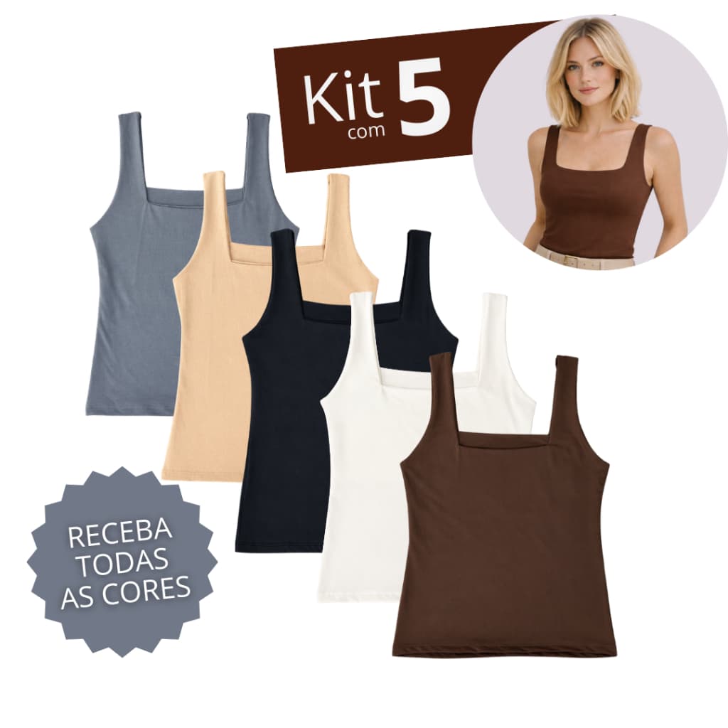 Kit 5 Blusa Regata Decote Quadrado Básica Feminina Moda feminina Blusinha Blusa de Academia Dia a Dia Formal