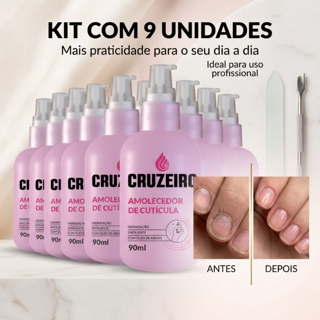 Kit 9 Amolecedor de Cutícula 90ml Cruzeiro oleo argan Manicure Amolece Hidrata Remove Fácil Cutícula
