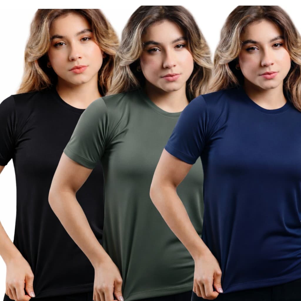 Kit 3 Camiseta Feminina Dry Manga Curta Treino Academia Blusa P M G GG Cores Escuras