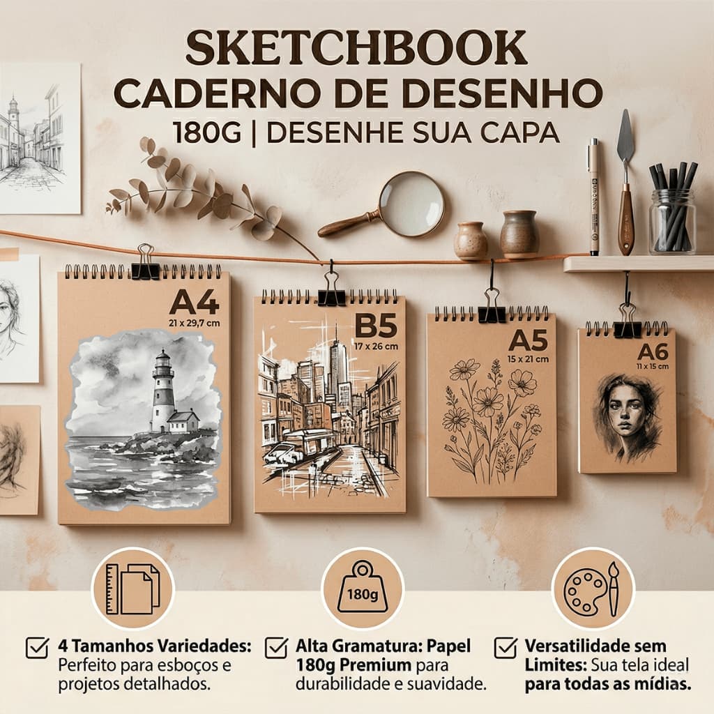 Caderno de DESENHO Profissional Sketchbook Papel Espesso 180g Desenhe sua CAPA