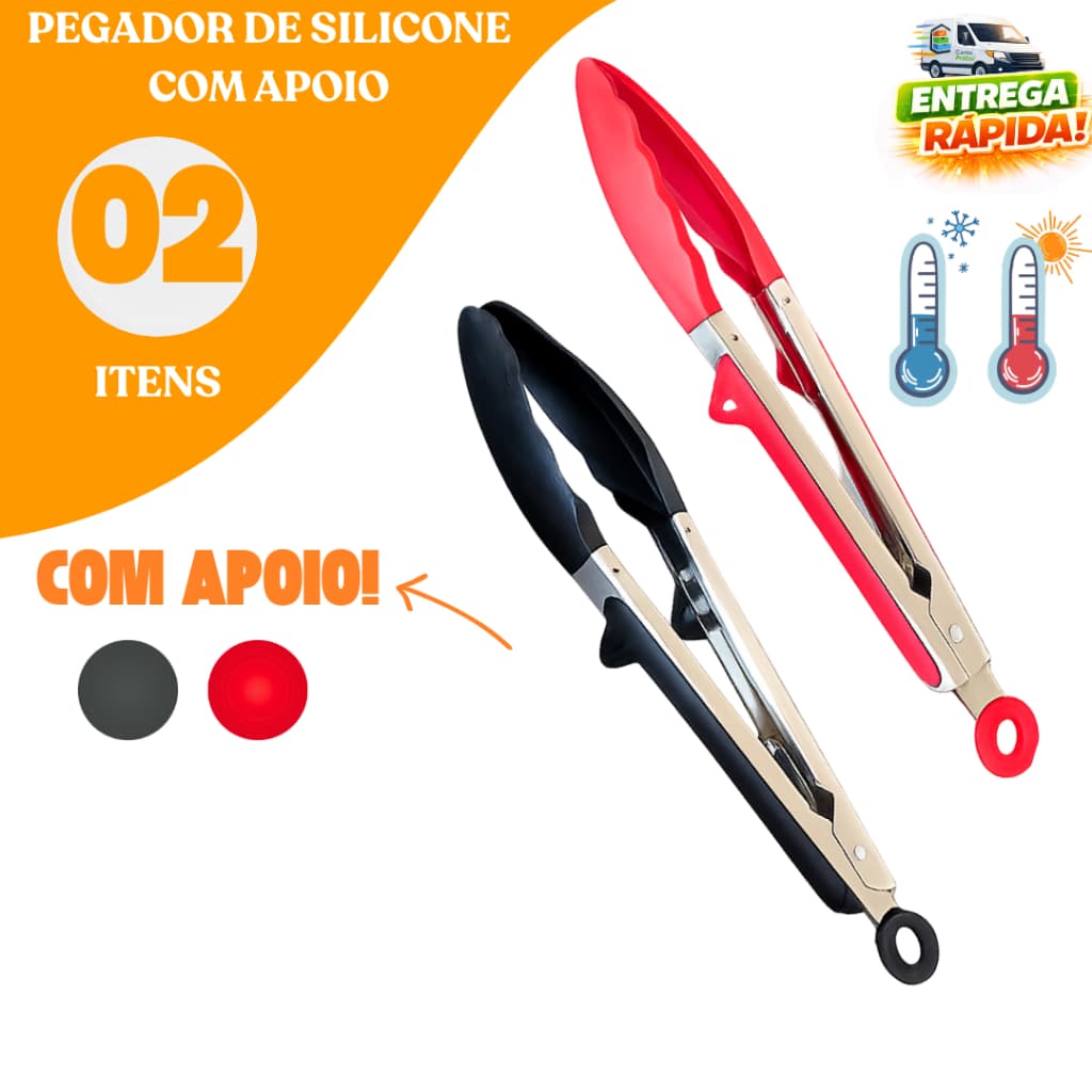 Kit Pegador de Silicone e Inox com Apoio para Carne Salada Massas Buffet Restaurante Churrasco