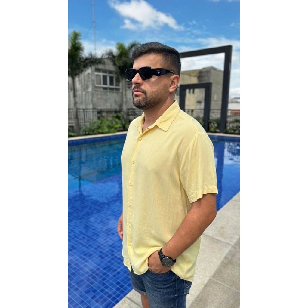 Camisa Masculina de Viscolinho Manga curta Social Fresca Gola Italiana Elegante
