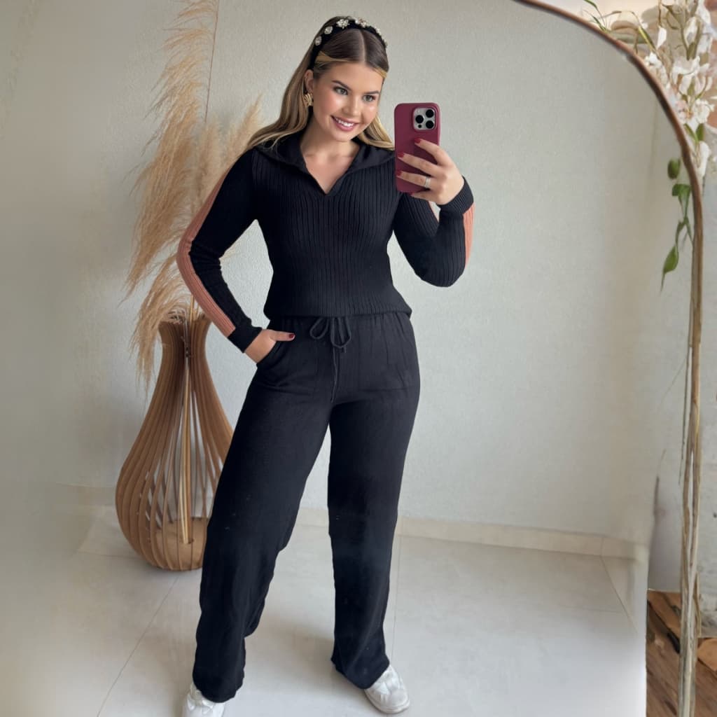 Conjunto Tricot Feminino Blusa Gola Polo e Calça Pantalona com Detalhes em Listras Aerolook Moda
