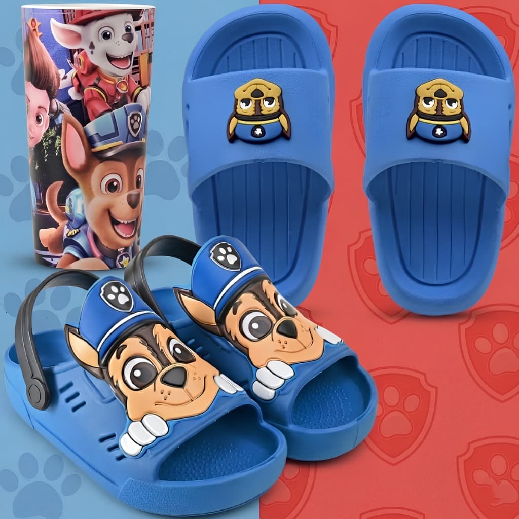 Kit 3 Em 1 Slide Infantil + Sandália Casual Menino Com Copo Kids Patrulha Marca Nexa