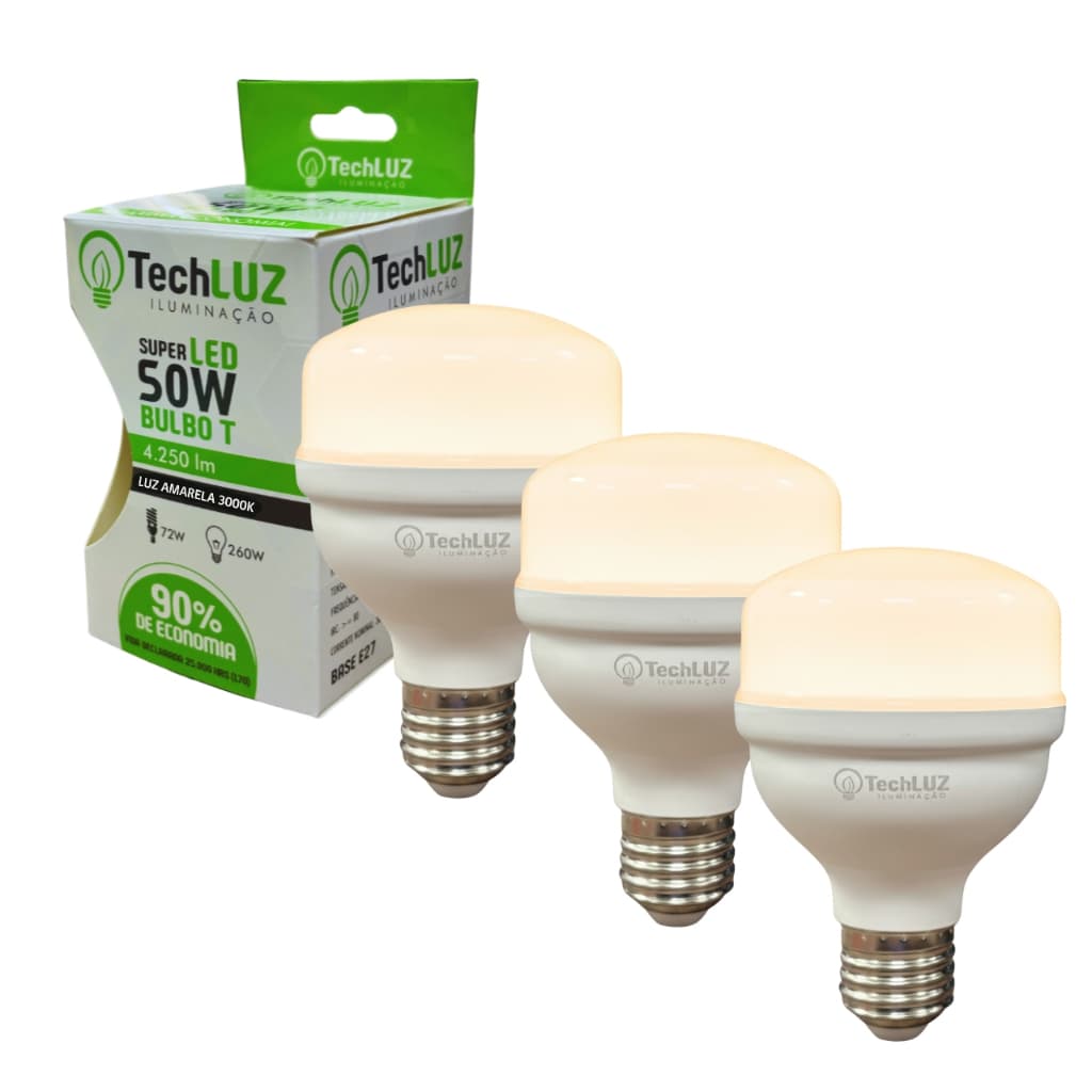 Kit 3 Lâmpadas TechLuz bulbo LED 50w 3000k luz amarela E27 bivolt