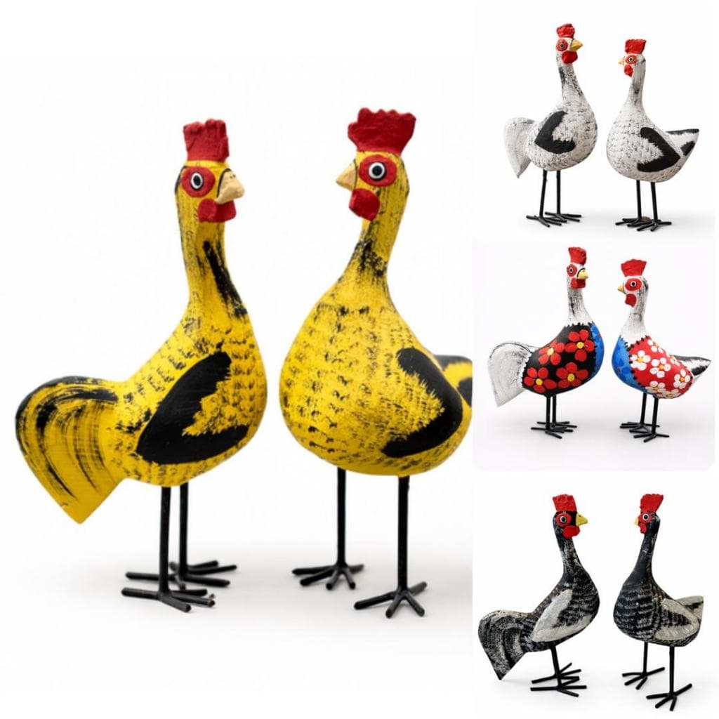 Casal De Galo E Galinha Caipira Artesanal Pintado À Mão em Madeira Decoração