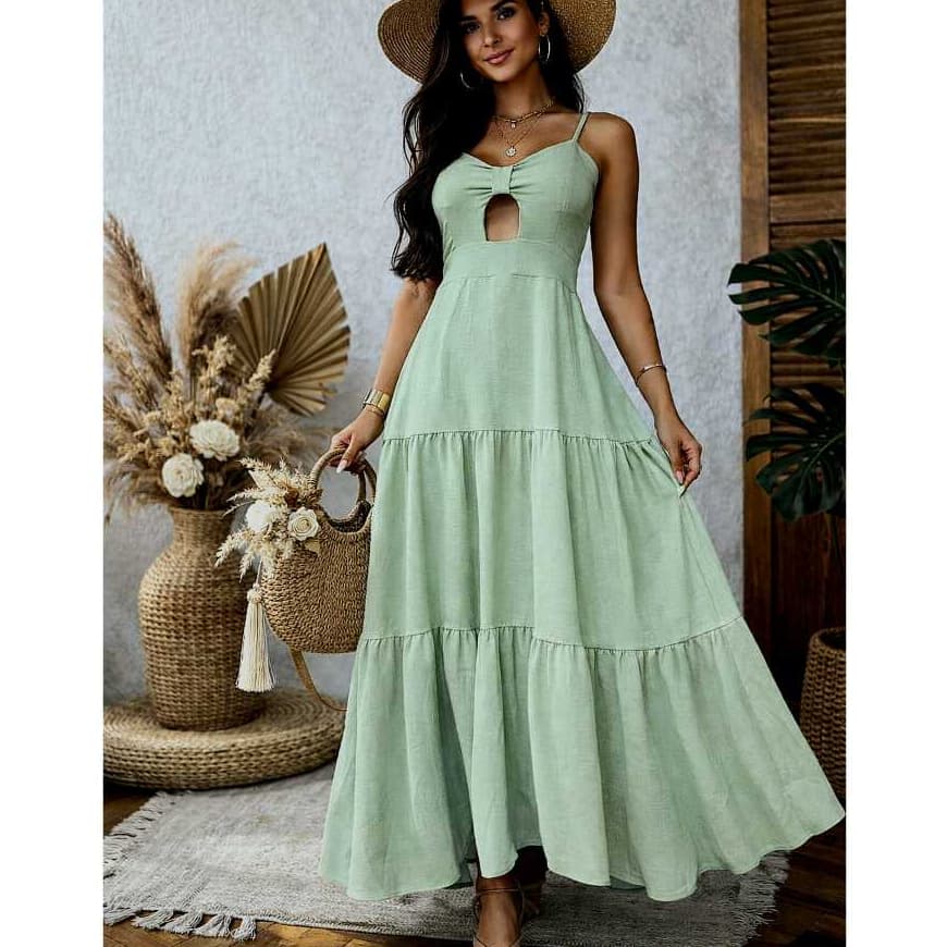 Vestido Longo Feminino com Bojo e Forro em Tecido Duna – Alcinha com Lastex