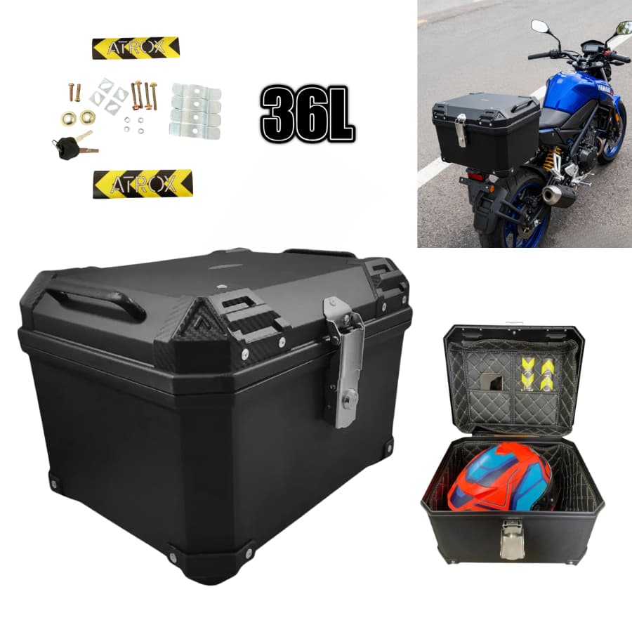 Baú Bauleto Moto 36 litros Tracker Base Universal Kit Fixação Completo Reforçado