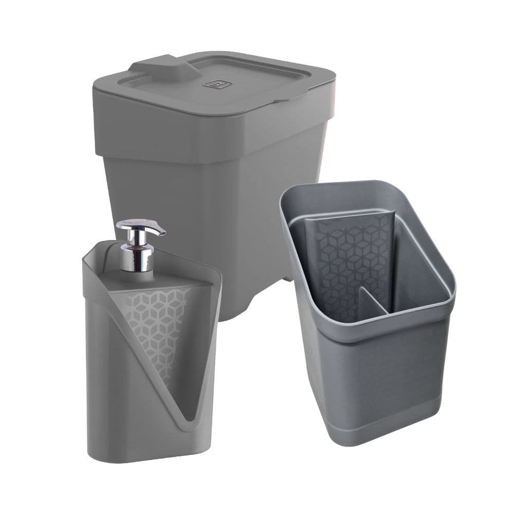 Kit 3 Peças Lixeira 2,5L, Dispenser Click Detergente 500ml, Escorredor de Talheres Cozinha/Kit 2 Peças