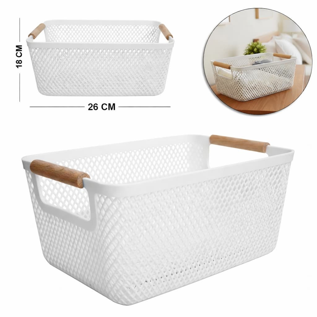 Cesto Organizador Telado Multiuso Fruteira Plástica Retangular Branco/Preto Com Alça De Madeira 26cm