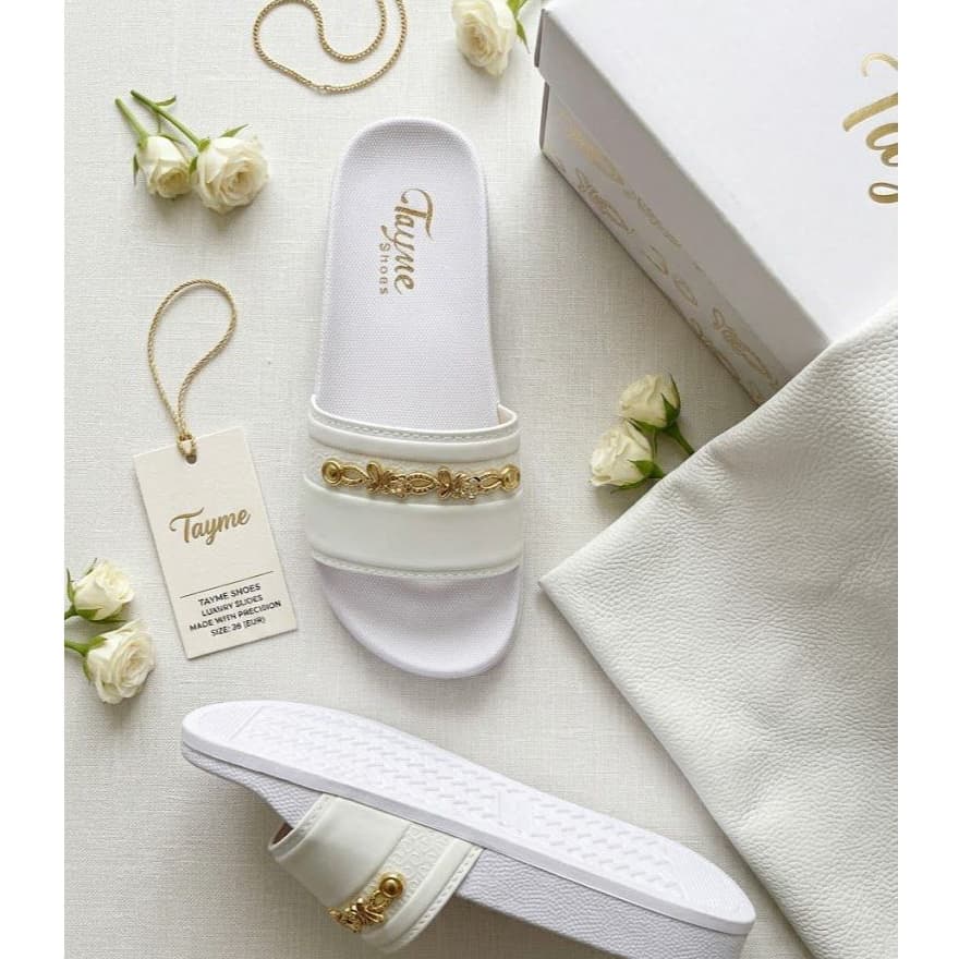 Chinelo Slide Tayme Feminino Detalhe Tira Dourada