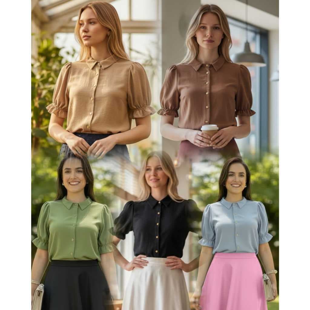 Camisa Feminina Clássica Manga Princesa Botões Dourado Elegante Moda Evangelica Chic Social Tendenci