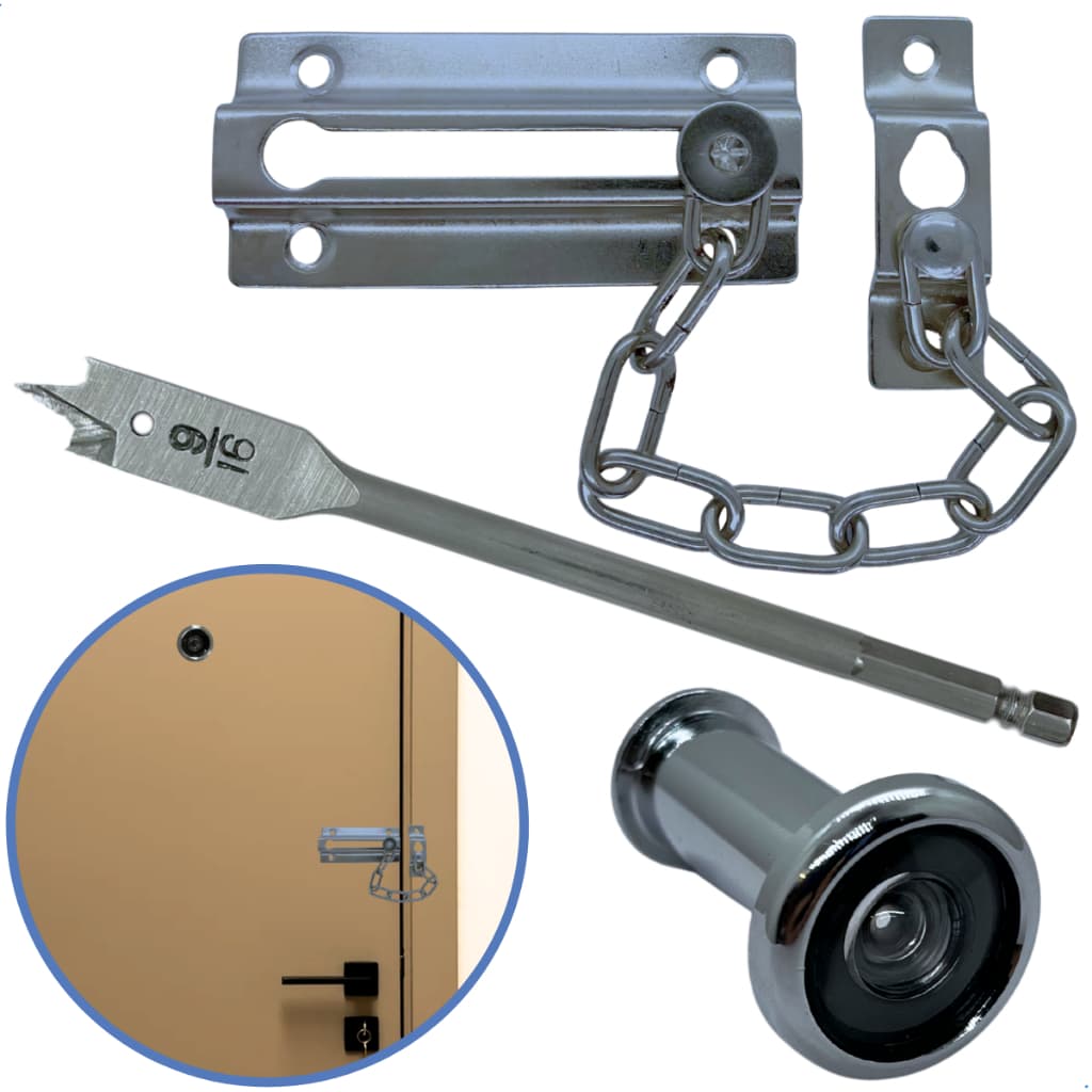 Kit Visor Olho Magico Broca Chata e fechadura trinco pega ladrão aço carbono niquelado porta outix