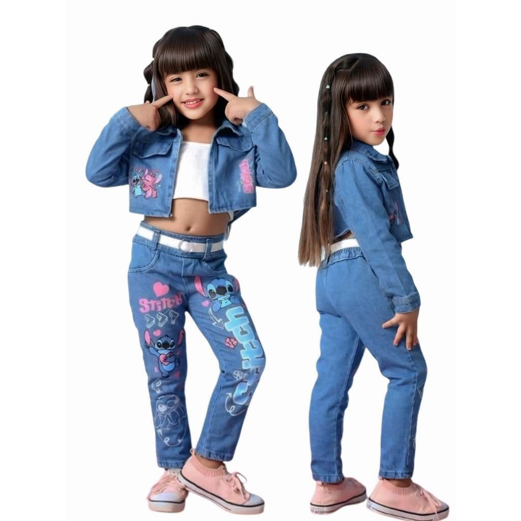 Roupa Infantil Jeans Stitch Menina Blogueirinha Jaqueta jeans Calça Jeans Blusa + Cinto  4 Peças