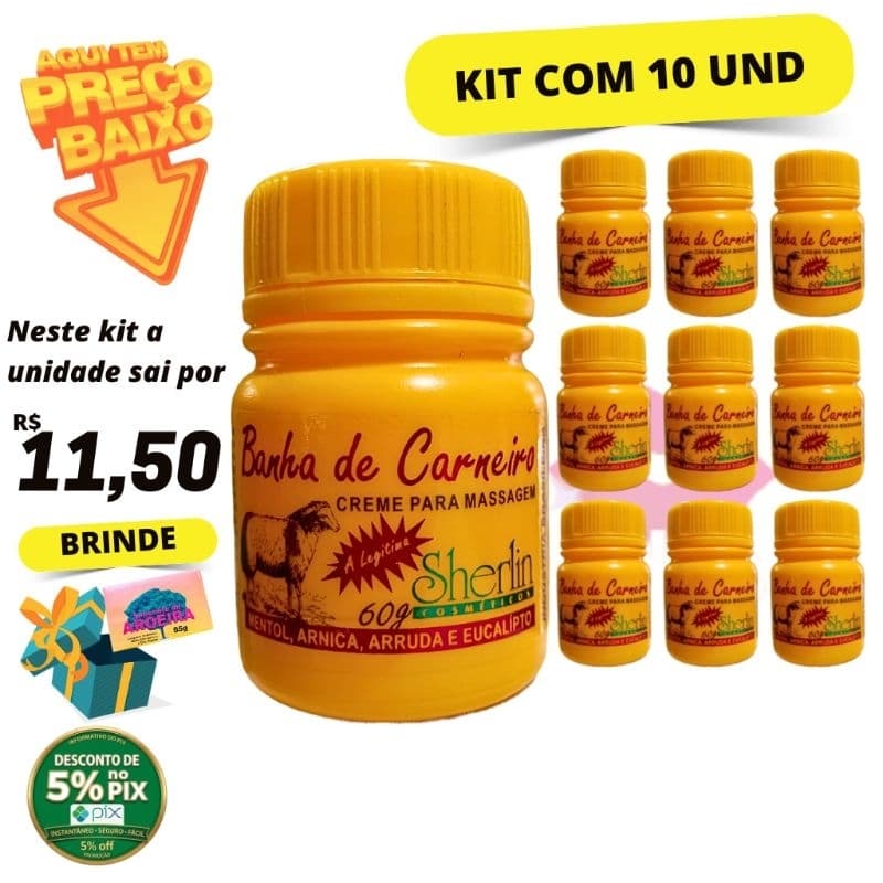 Kit com 10 Creme para massagem Banha de Carneiro Sherlin 60g