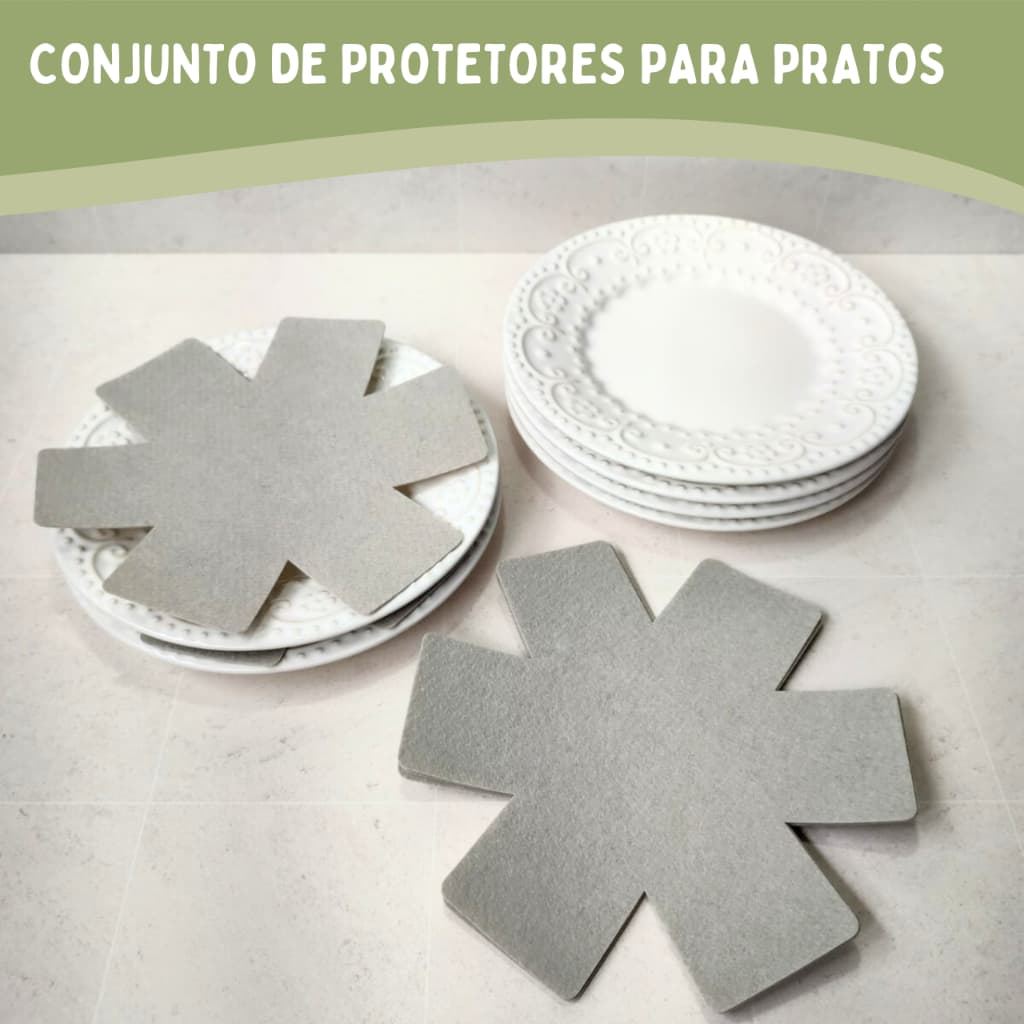 Jogo 6 Protetores de Prato Feltro  Cinza Claro Separador Organizador Anti-Risco Tamanho 20cm ou 26cm