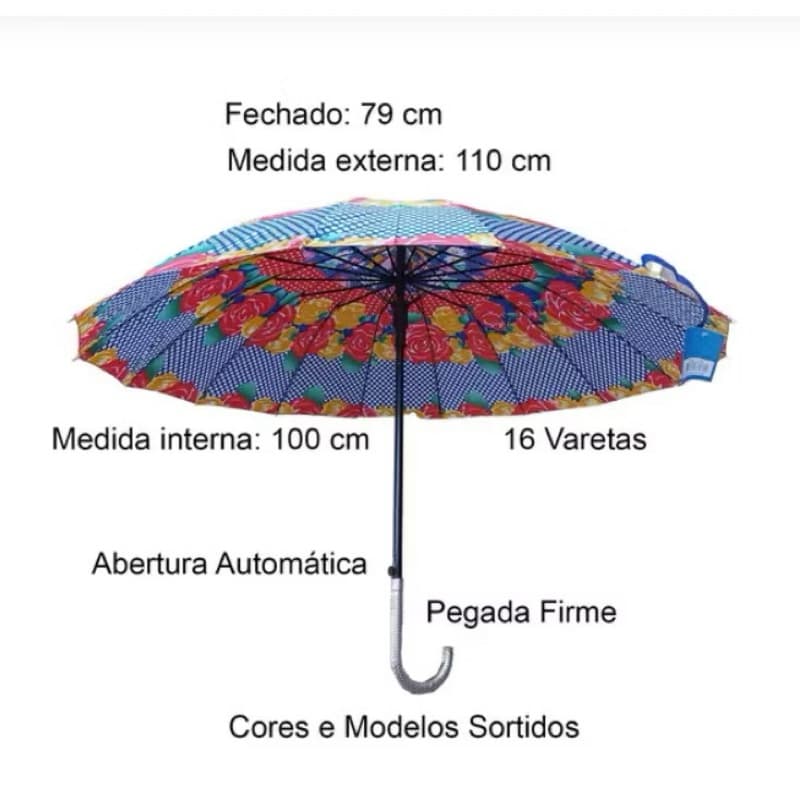 Guarda chuva de poliester automatico portaria 16 varetas cabo curvo 97cm-6153