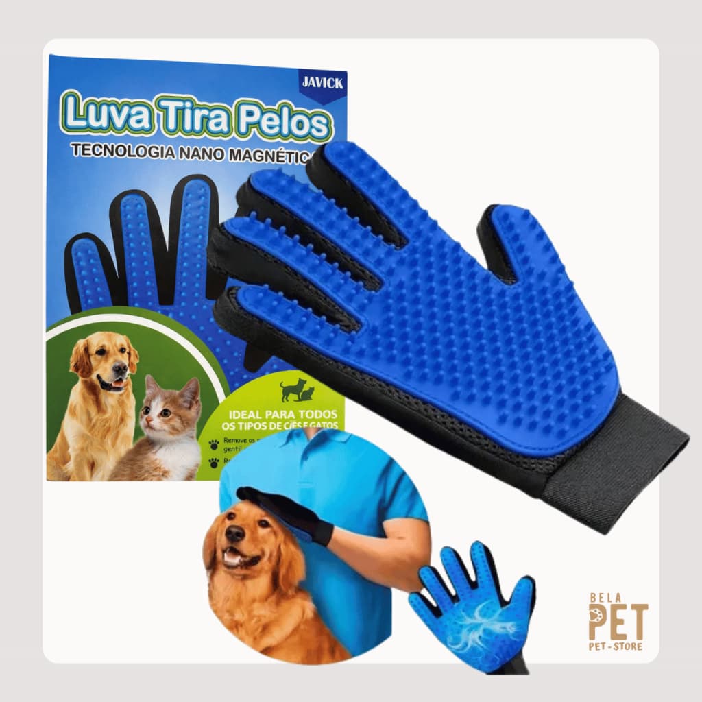 Luva Escova Tira Pelos Cães e Gatos Nano Magnética - Azul - Borracha