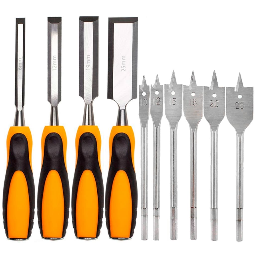 Kit Jogo de Formão com 4 Pçs + Jogo de Brocas Chatas Para Madeira
