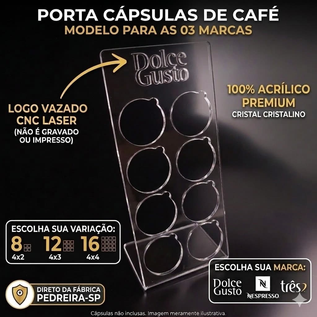 Porta Cápsulas Acrílico 3mm Nespresso Dolce Gusto Três Corações Organizador Suporte Café 8 12 16