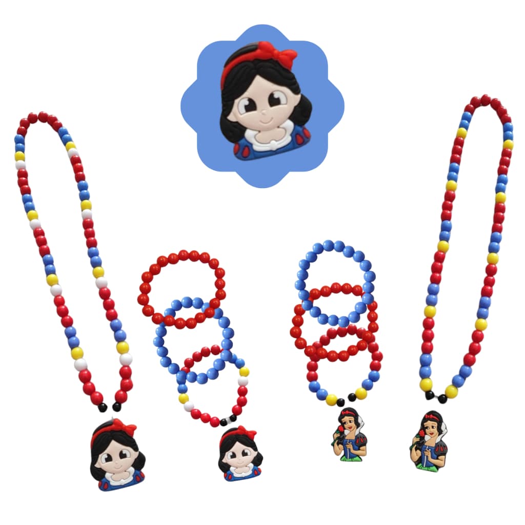 Kit Colar e 3 Pulseira de Miçangas Pingente Branca de Neve