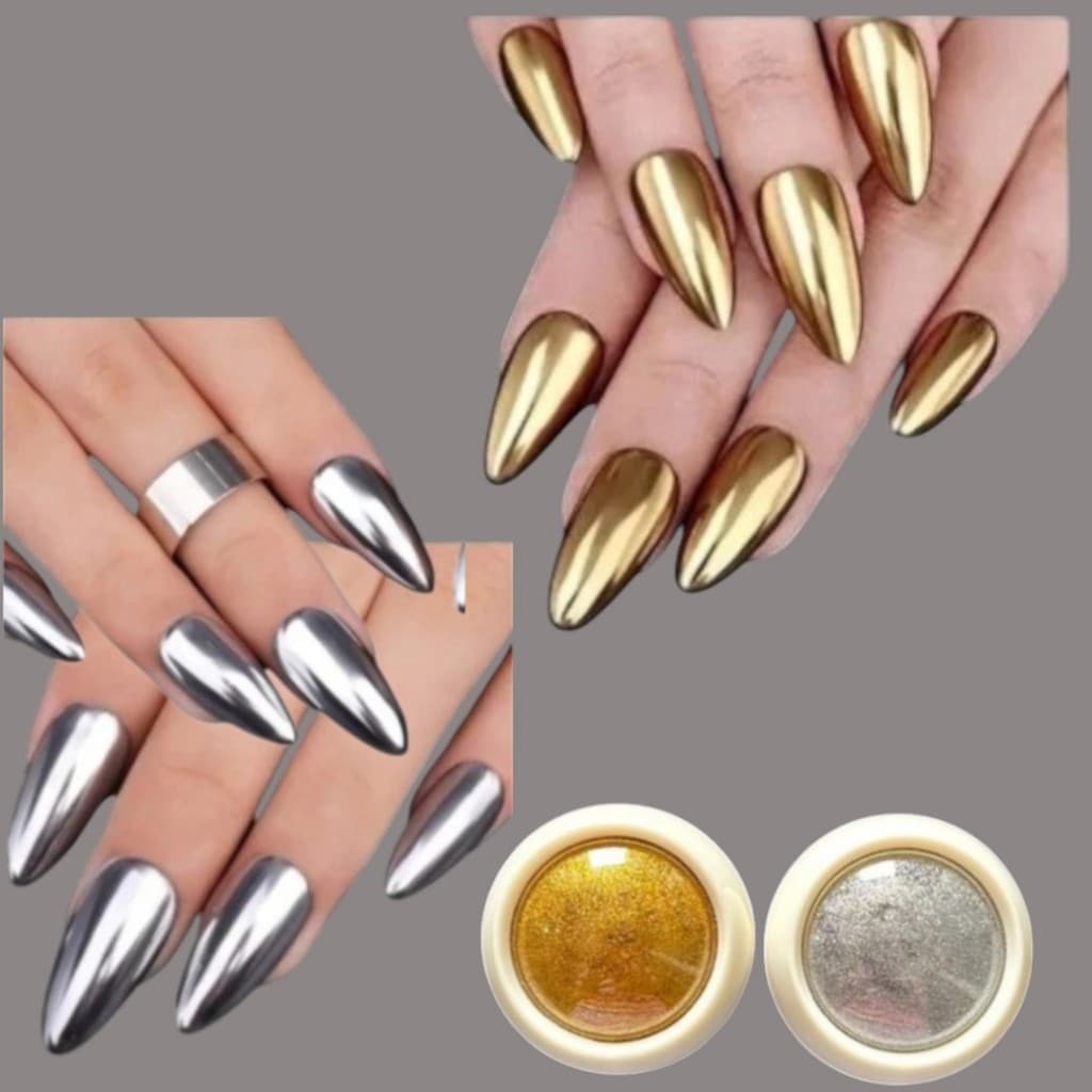 Kit com 2 Pó Cromado para Unhas Efeito Espelhado Metálico Dourado e Prata Nail Art