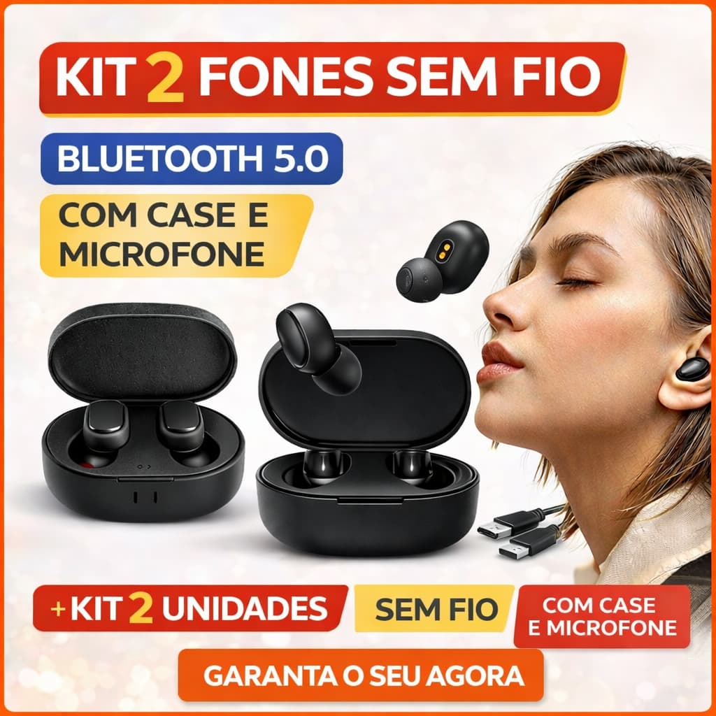 Kit 2 Fones Bluetooth Redmi Sem Fio com Case Carregador Microfone e Botão Multifuncional