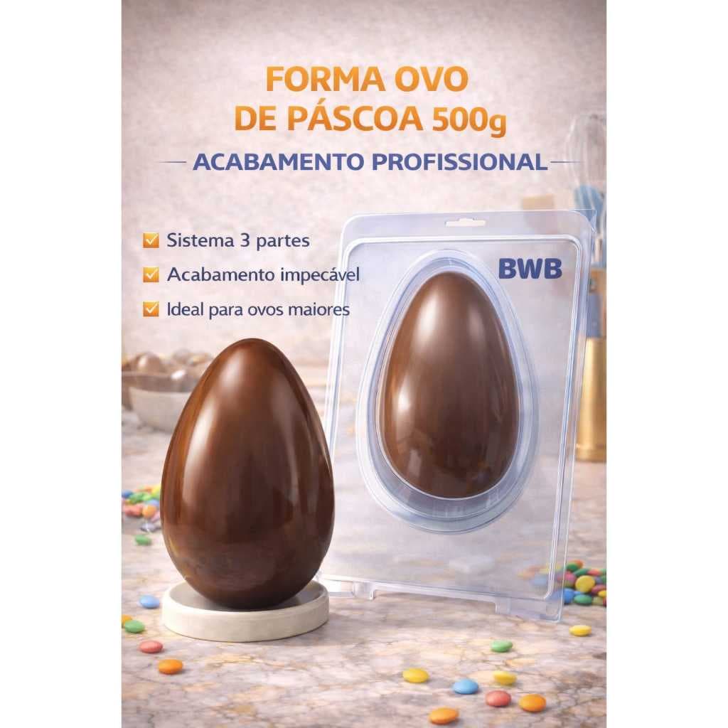Forma Ovo de Páscoa 500g BWB 3 Partes | Molde Profissional para Chocolate Ovo Liso